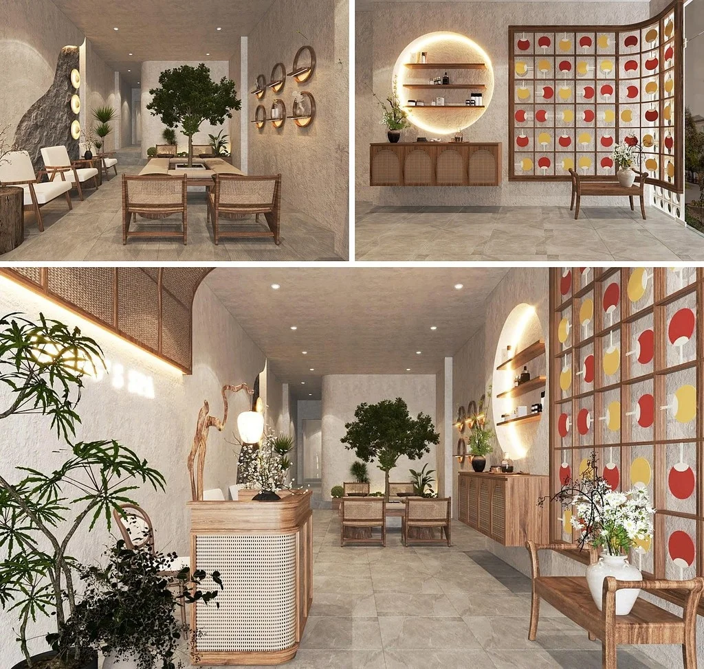 NAP Healing & Wellness spa in District 1 – Zen-inspired lounge, product shelf and entrance corridor